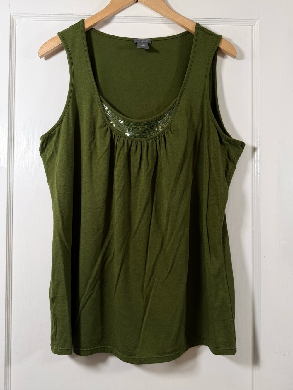 Ann Taylor Olive Scoop Neck Tank with Sequin Accents
